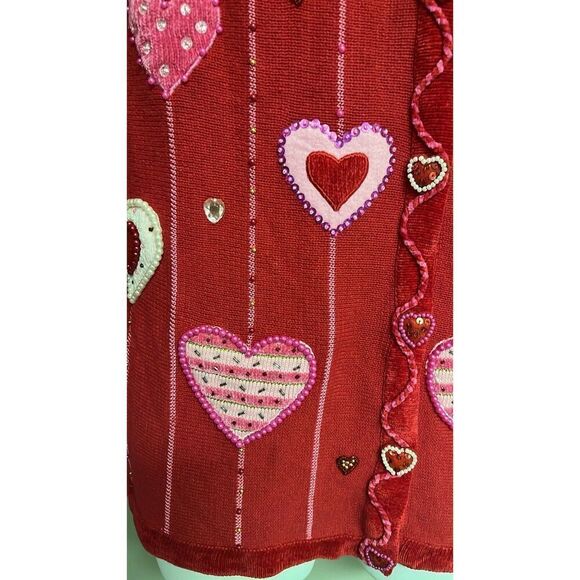 The Quacker Factory Valentine Cardigan Sweater Beaded Hearts Red/Pink Medium - Picture 11 of 16